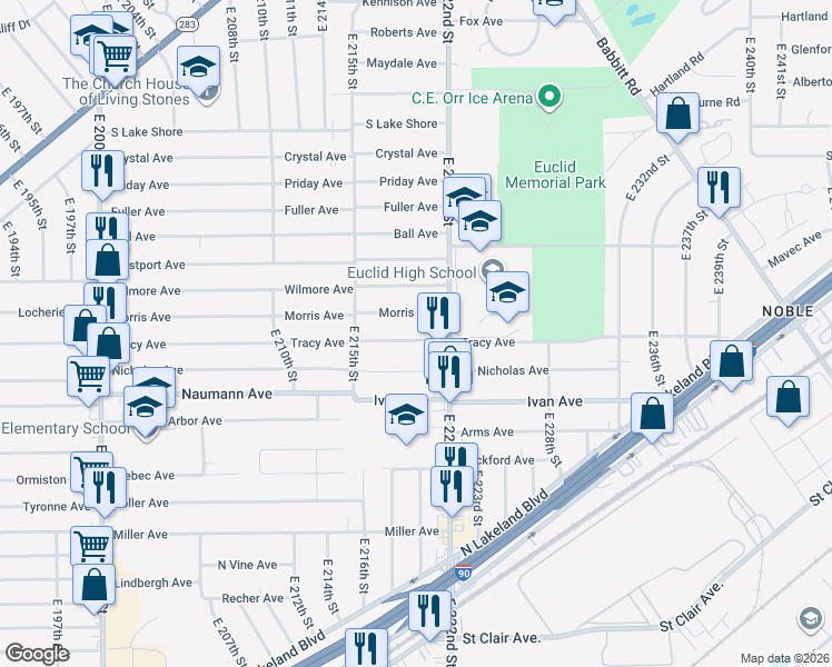 map of restaurants, bars, coffee shops, grocery stores, and more near 22000 Morris Avenue in Euclid