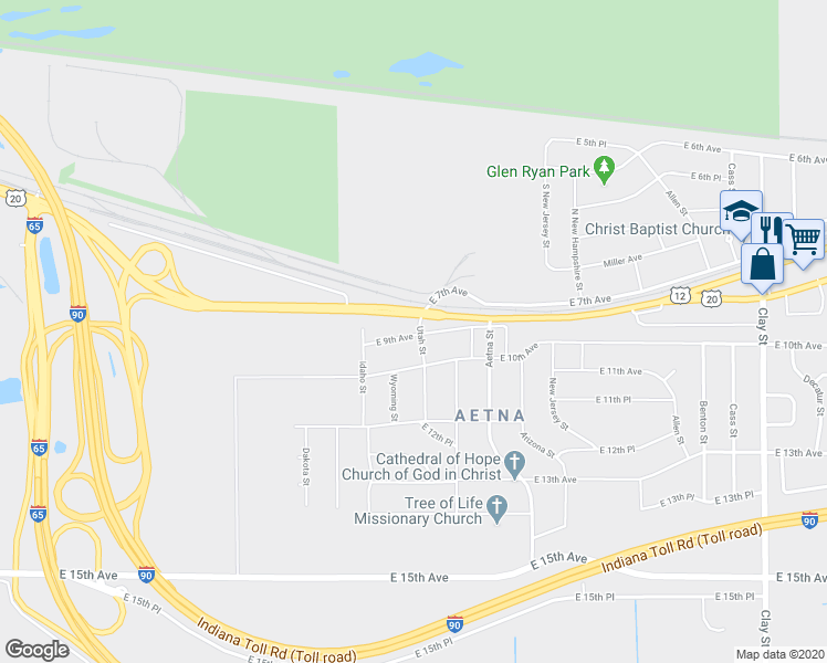 map of restaurants, bars, coffee shops, grocery stores, and more near 3628 East 9th Avenue in Gary