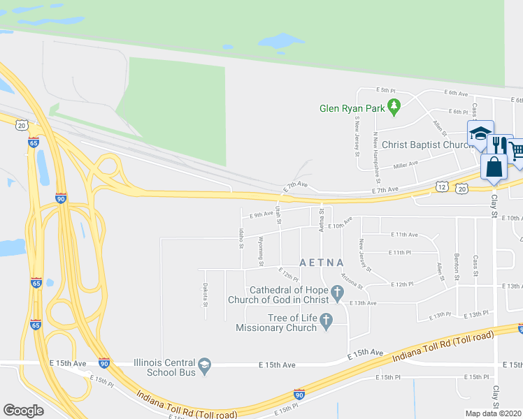 map of restaurants, bars, coffee shops, grocery stores, and more near 3628 East 9th Avenue in Gary