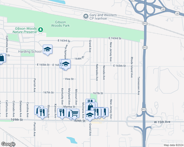 map of restaurants, bars, coffee shops, grocery stores, and more near 6512 Grand Avenue in Hammond