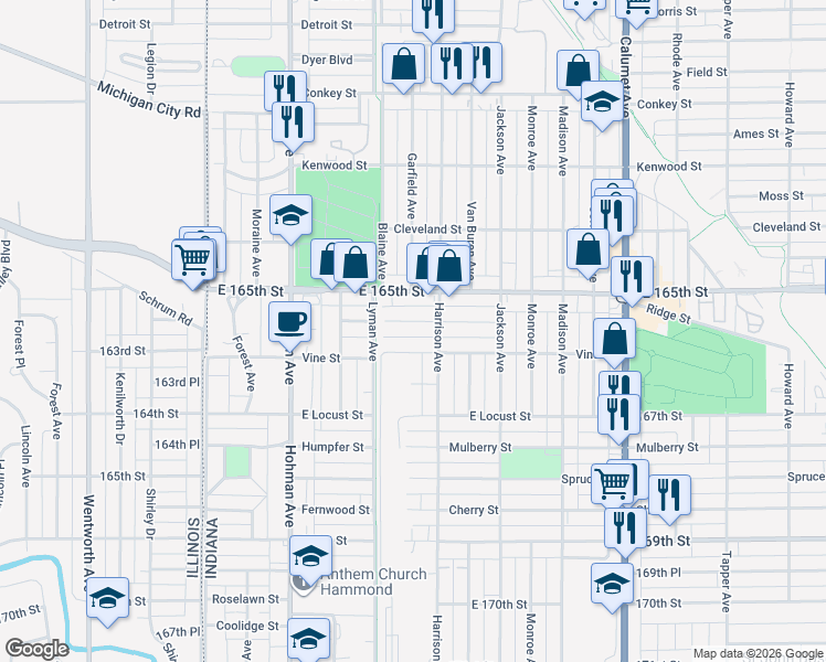 map of restaurants, bars, coffee shops, grocery stores, and more near 421 Florence Street in Hammond