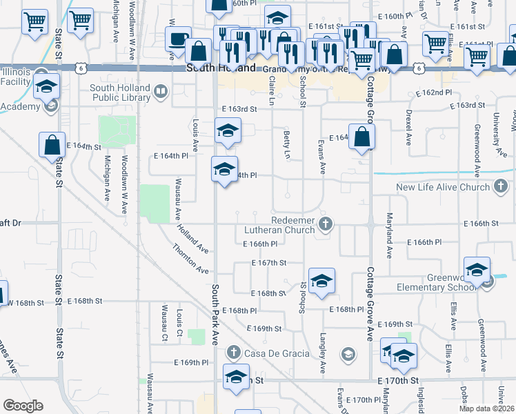 map of restaurants, bars, coffee shops, grocery stores, and more near 16512 Claire Lane in South Holland