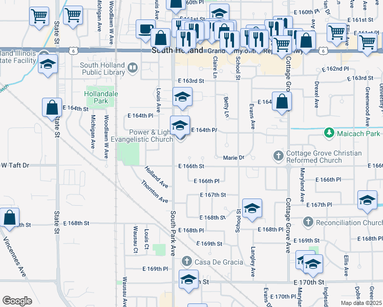 map of restaurants, bars, coffee shops, grocery stores, and more near 16511 South Park Avenue in South Holland