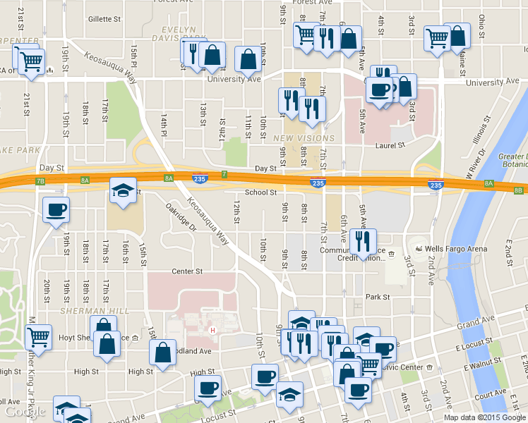 map of restaurants, bars, coffee shops, grocery stores, and more near 944 9th Street in Des Moines