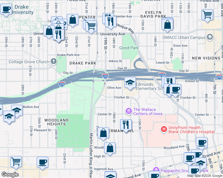 map of restaurants, bars, coffee shops, grocery stores, and more near 945 19th Street in Des Moines