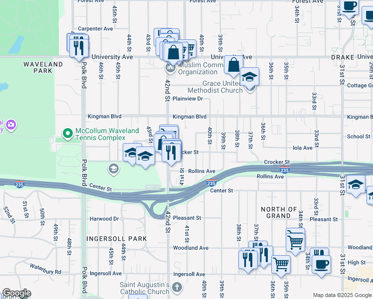 map of restaurants, bars, coffee shops, grocery stores, and more near 916 41st Street in Des Moines