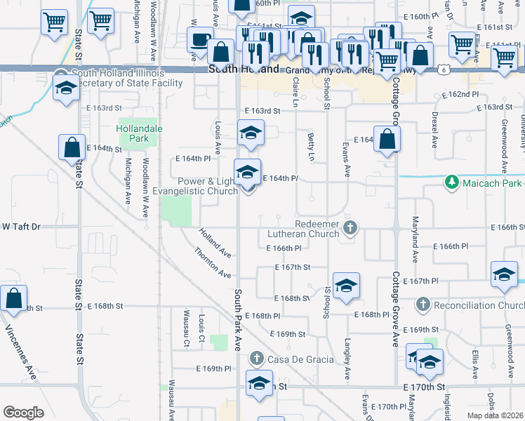 map of restaurants, bars, coffee shops, grocery stores, and more near 16535 Elm Court in South Holland