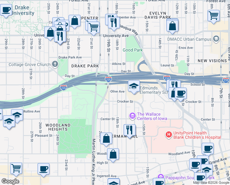 map of restaurants, bars, coffee shops, grocery stores, and more near 945 19th Street in Des Moines