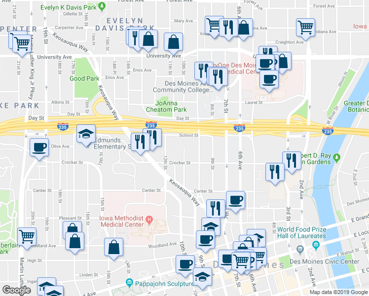 map of restaurants, bars, coffee shops, grocery stores, and more near 930 School Street in Des Moines