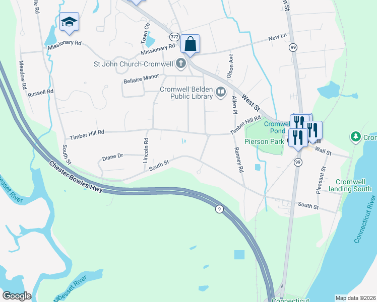 map of restaurants, bars, coffee shops, grocery stores, and more near 29 Timber Hill Road in Cromwell
