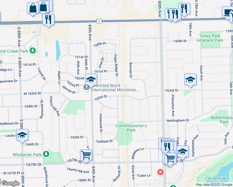 map of restaurants, bars, coffee shops, grocery stores, and more near 8255 162nd Place in Tinley Park