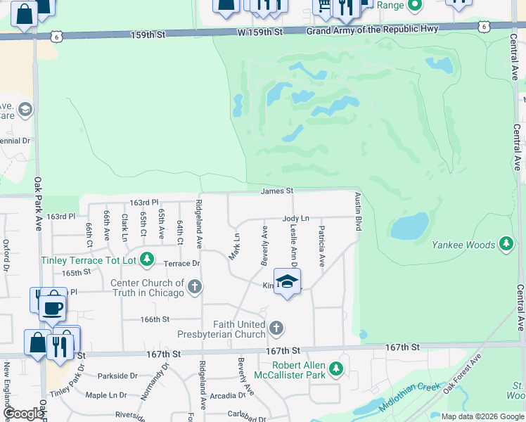 map of restaurants, bars, coffee shops, grocery stores, and more near 6220 Jody Lane in Tinley Park