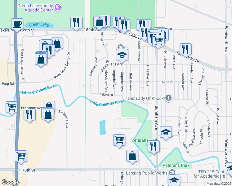 map of restaurants, bars, coffee shops, grocery stores, and more near 1376 Superior Avenue in Calumet City