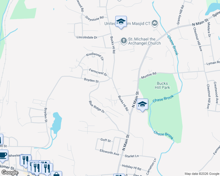map of restaurants, bars, coffee shops, grocery stores, and more near 157 Bucks Hill Road in Waterbury