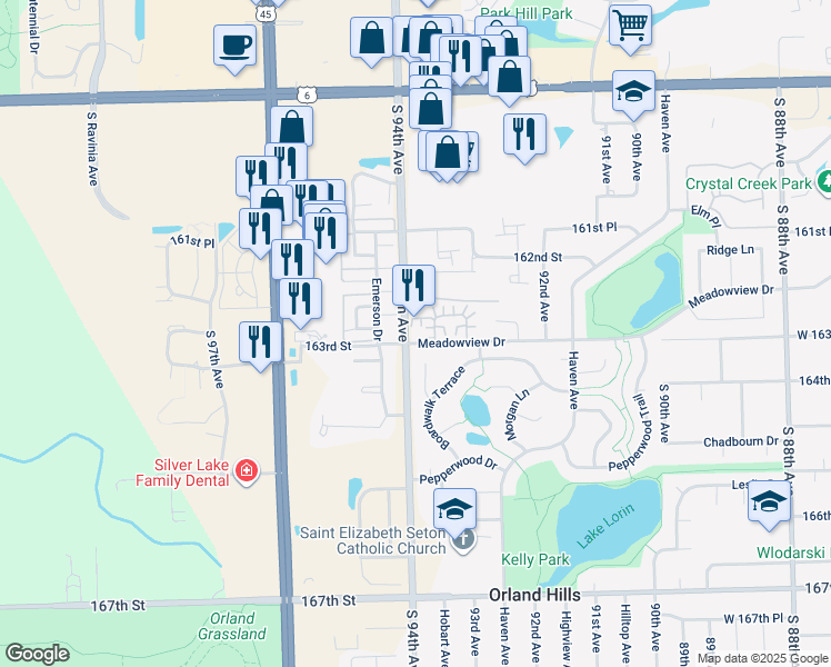 map of restaurants, bars, coffee shops, grocery stores, and more near 16301 94th Avenue in Orland Hills