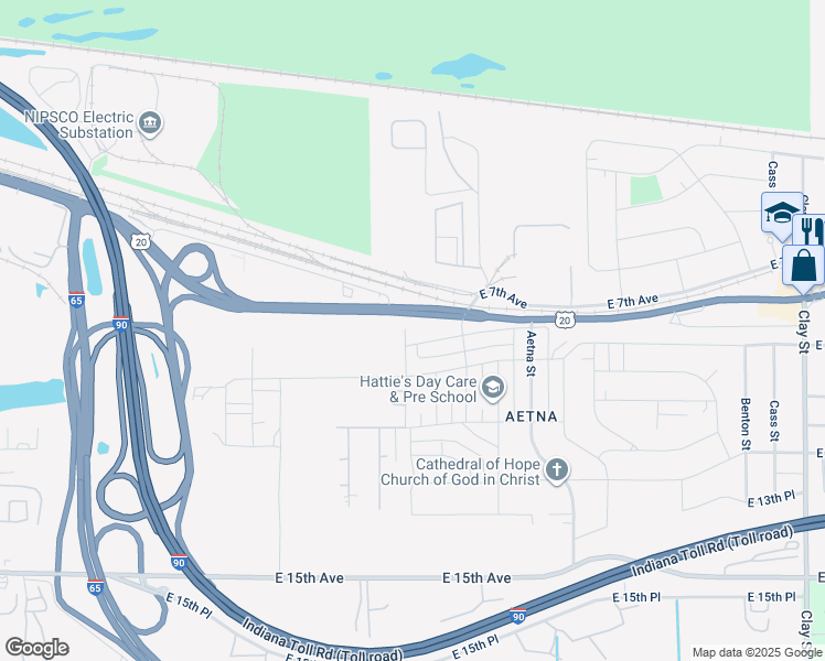 map of restaurants, bars, coffee shops, grocery stores, and more near 875 Idaho Street in Gary