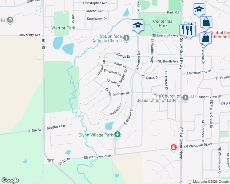 map of restaurants, bars, coffee shops, grocery stores, and more near 120 Abigail Lane in Waukee