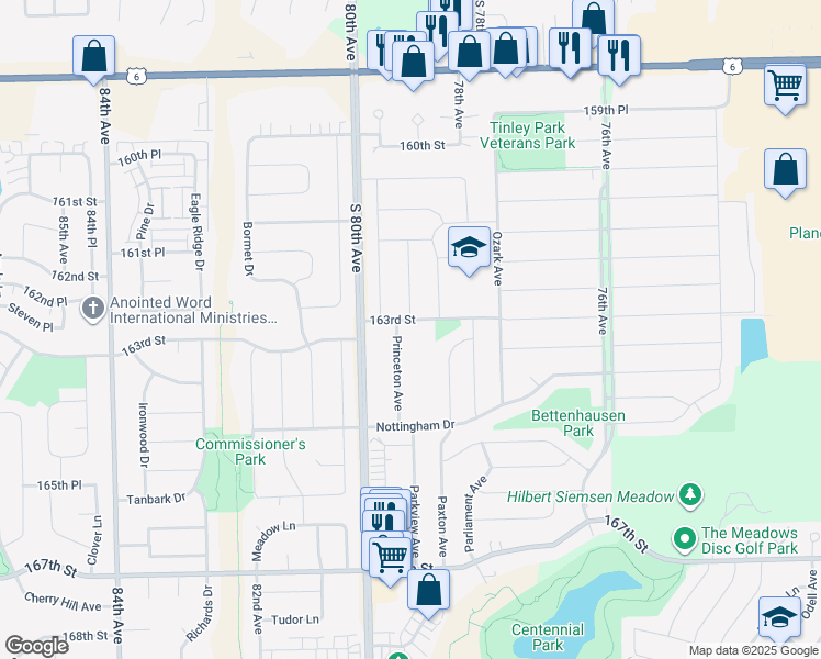 map of restaurants, bars, coffee shops, grocery stores, and more near 7926 163rd Place in Tinley Park