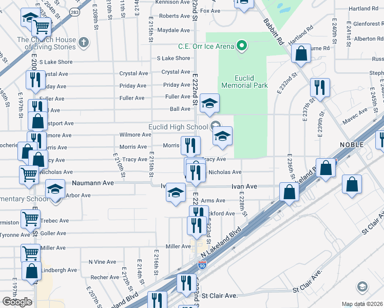 map of restaurants, bars, coffee shops, grocery stores, and more near 720 East 222nd Street in Euclid