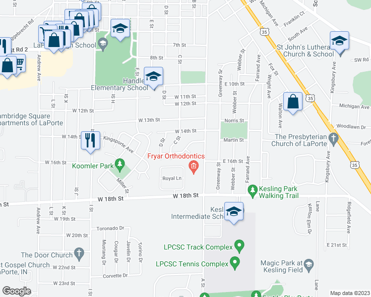 map of restaurants, bars, coffee shops, grocery stores, and more near 199 West 15th Street in La Porte