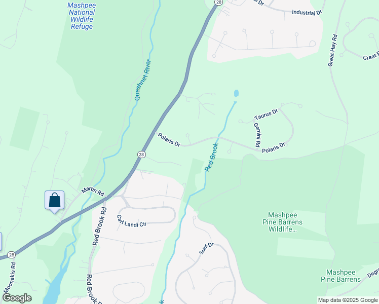 map of restaurants, bars, coffee shops, grocery stores, and more near 14 Polaris Drive in Mashpee