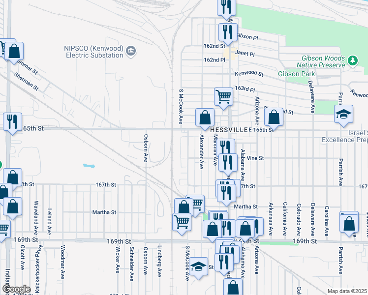 map of restaurants, bars, coffee shops, grocery stores, and more near 6519 South McCook Avenue in Hammond