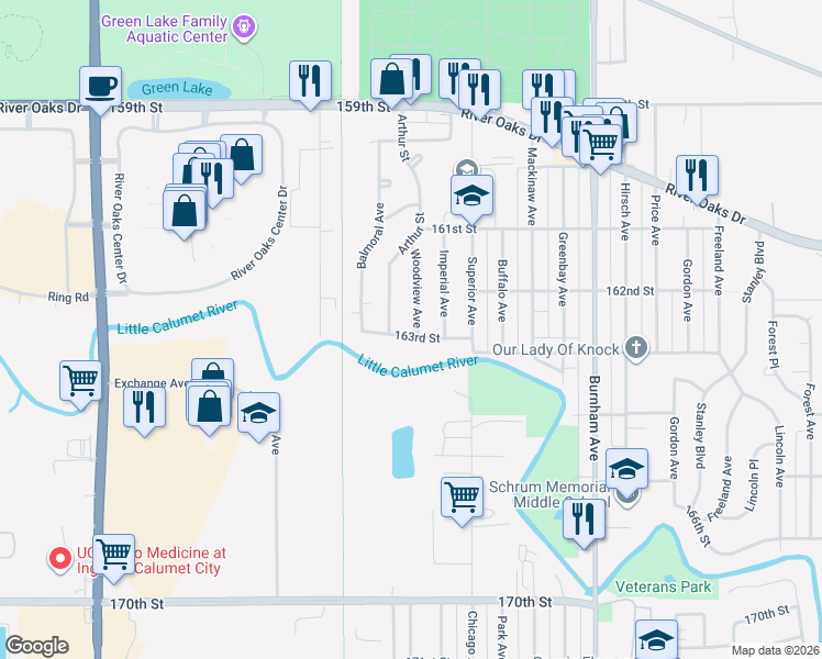 map of restaurants, bars, coffee shops, grocery stores, and more near 900 163rd Street in Calumet City