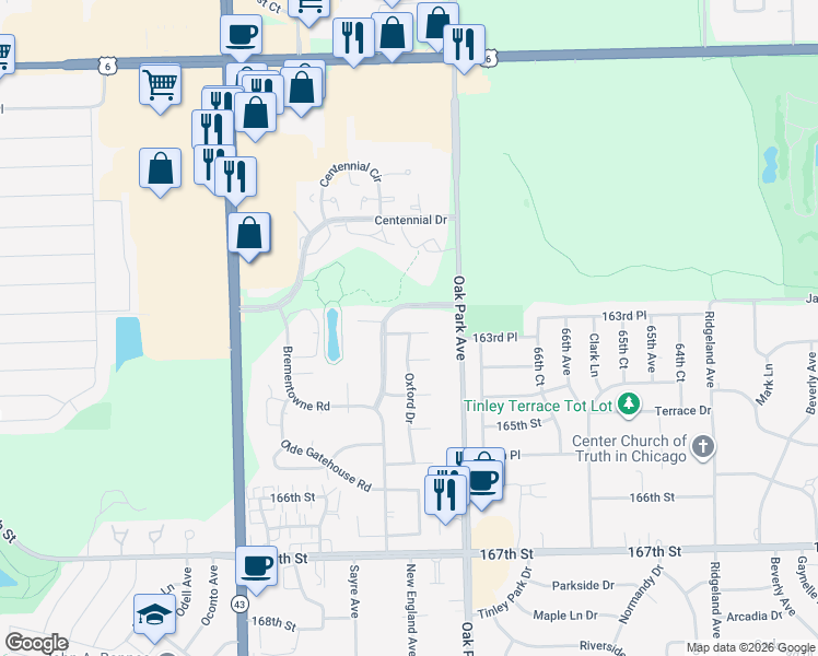 map of restaurants, bars, coffee shops, grocery stores, and more near 6833 Brementowne Drive in Tinley Park