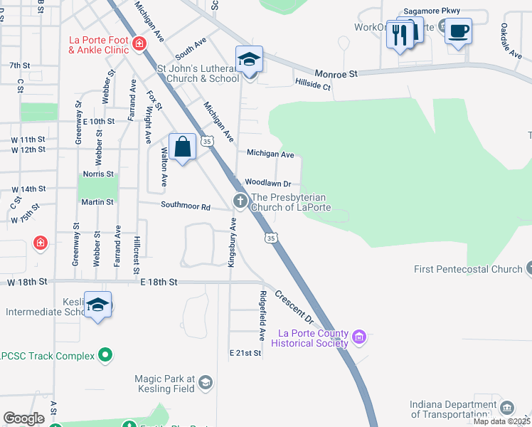 map of restaurants, bars, coffee shops, grocery stores, and more near 299 Forest Dr in La Porte