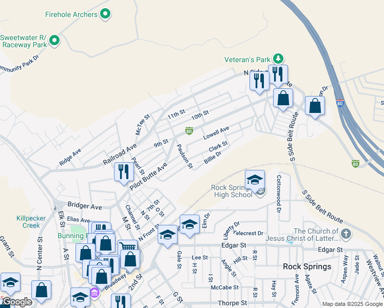 map of restaurants, bars, coffee shops, grocery stores, and more near 1224 Lowell Avenue in Rock Springs