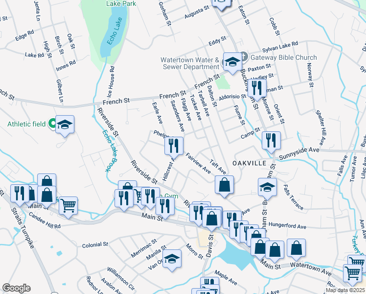 map of restaurants, bars, coffee shops, grocery stores, and more near 7 Flagg Avenue in Watertown