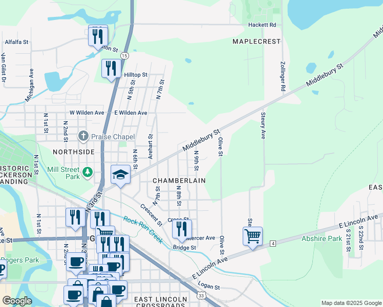 map of restaurants, bars, coffee shops, grocery stores, and more near 520 Middlebury Street in Goshen