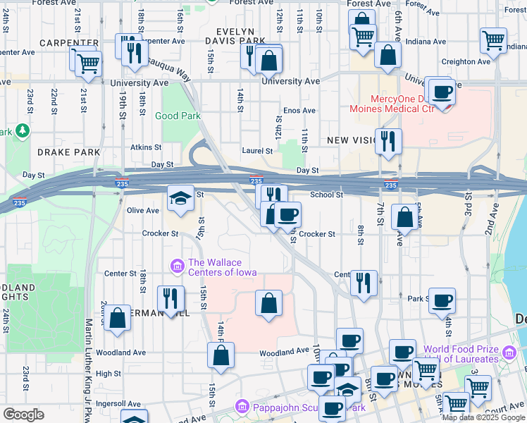 map of restaurants, bars, coffee shops, grocery stores, and more near 1393 Keosauqua Way in Des Moines