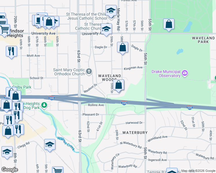 map of restaurants, bars, coffee shops, grocery stores, and more near 932 59th Street in Des Moines