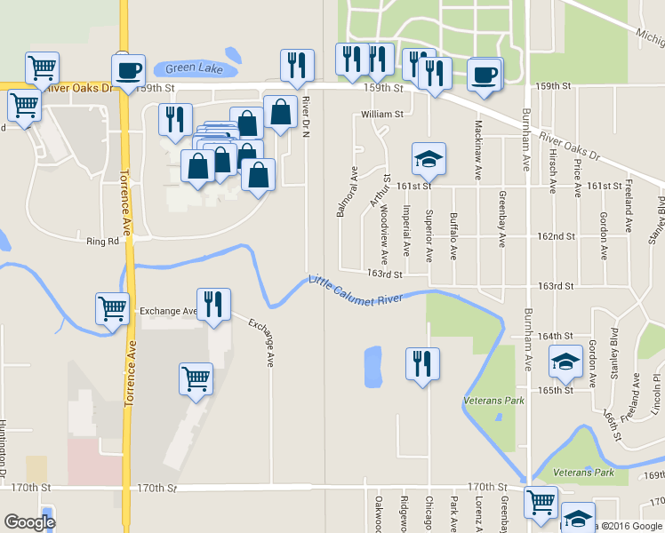map of restaurants, bars, coffee shops, grocery stores, and more near 1394 Balmoral Avenue in Calumet City