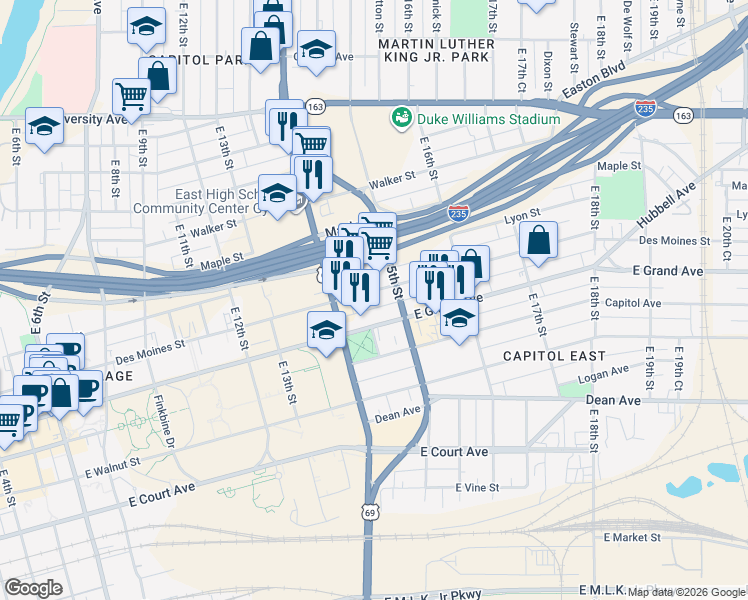 map of restaurants, bars, coffee shops, grocery stores, and more near 1421 Des Moines Street in Des Moines