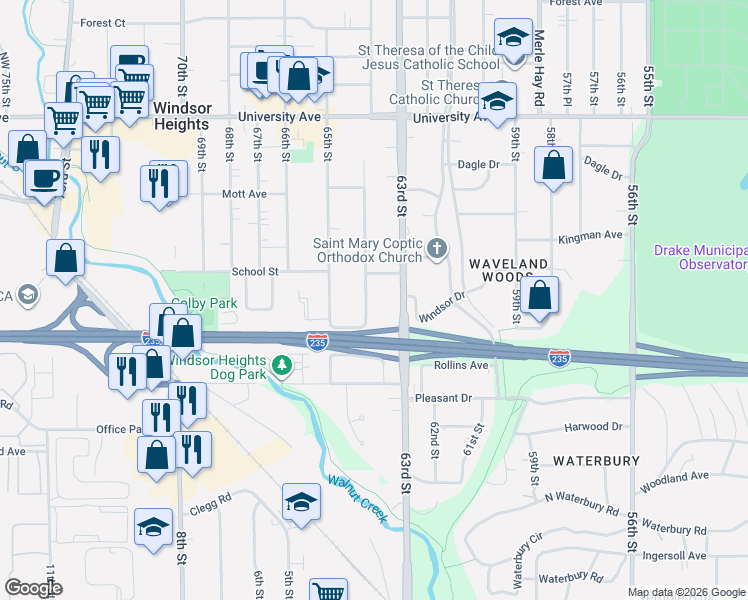 map of restaurants, bars, coffee shops, grocery stores, and more near 946 64th Street in Windsor Heights