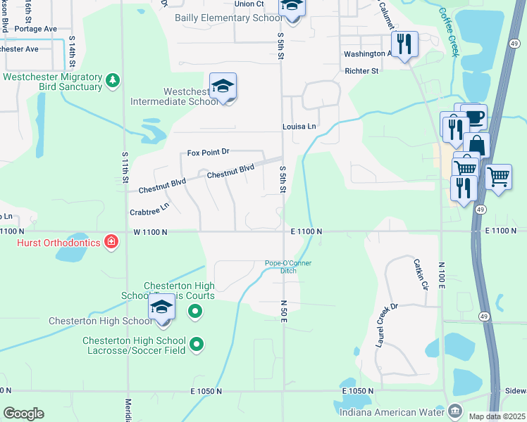 map of restaurants, bars, coffee shops, grocery stores, and more near 506 West 1100 North in Chesterton