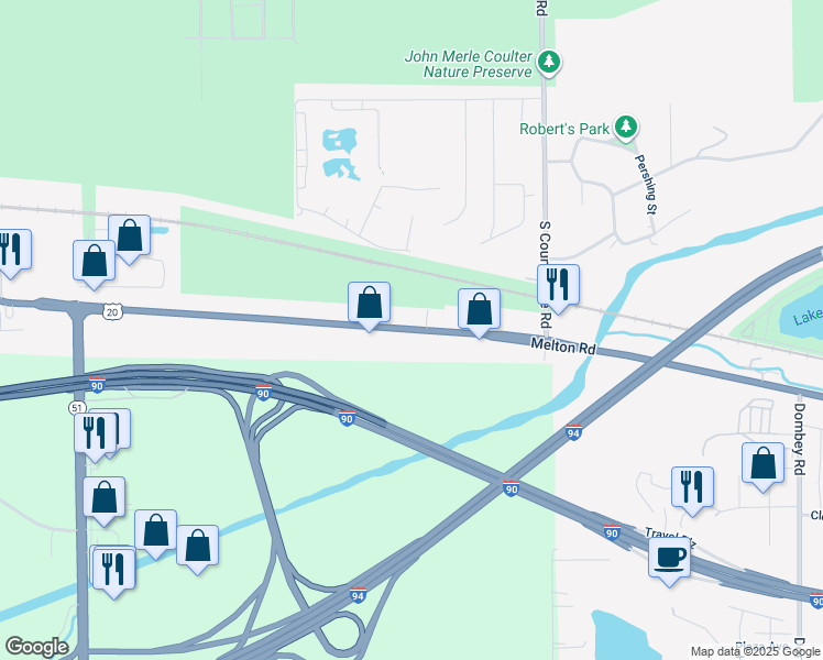 map of restaurants, bars, coffee shops, grocery stores, and more near 9309 Melton Road in Gary
