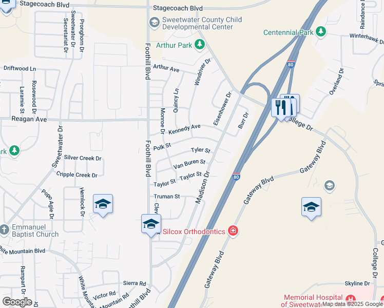 map of restaurants, bars, coffee shops, grocery stores, and more near 221 Tyler St in Rock Springs