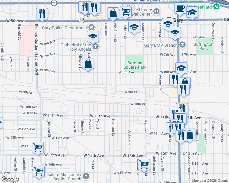 map of restaurants, bars, coffee shops, grocery stores, and more near 890 Van Buren Street in Gary