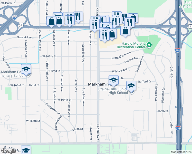 map of restaurants, bars, coffee shops, grocery stores, and more near 16224 Kedzie Avenue in Markham