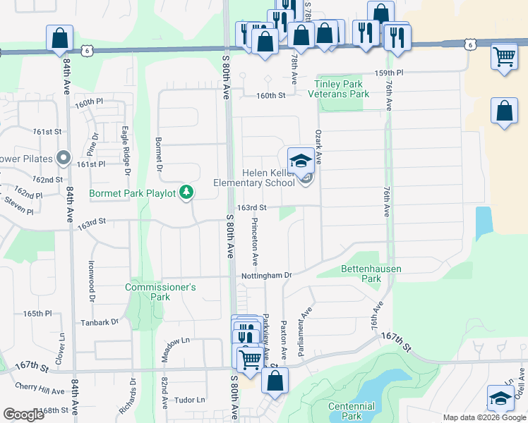 map of restaurants, bars, coffee shops, grocery stores, and more near 16249 Hamilton Avenue in Tinley Park