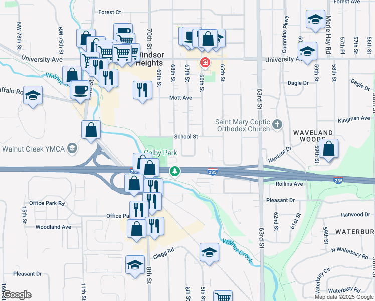 map of restaurants, bars, coffee shops, grocery stores, and more near 6750 School Street in Windsor Heights