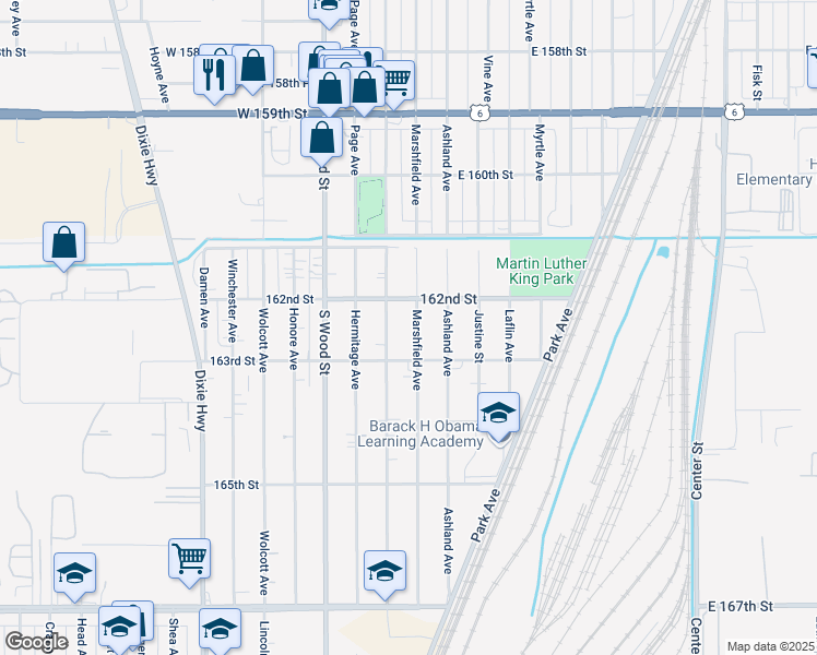 map of restaurants, bars, coffee shops, grocery stores, and more near 16215 Marshfield Avenue in Markham