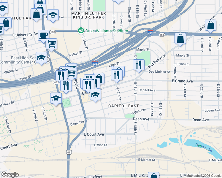 map of restaurants, bars, coffee shops, grocery stores, and more near 1639 East Grand Avenue in Des Moines
