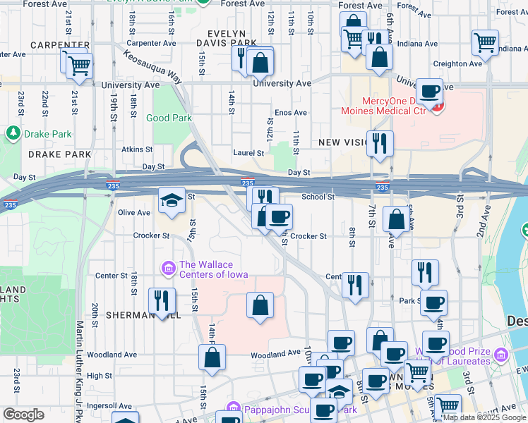 map of restaurants, bars, coffee shops, grocery stores, and more near 1331 Keosauqua Way in Des Moines