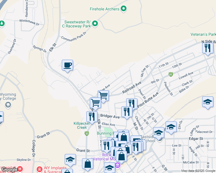 map of restaurants, bars, coffee shops, grocery stores, and more near 602 Milne Street in Rock Springs
