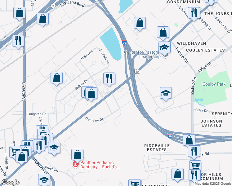 map of restaurants, bars, coffee shops, grocery stores, and more near 27801 Euclid Avenue in Euclid