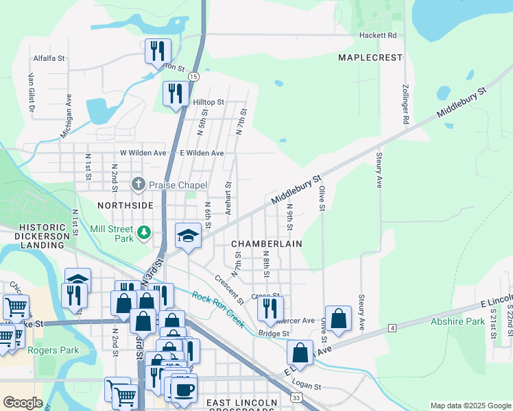 map of restaurants, bars, coffee shops, grocery stores, and more near 607 N 8th St in Goshen